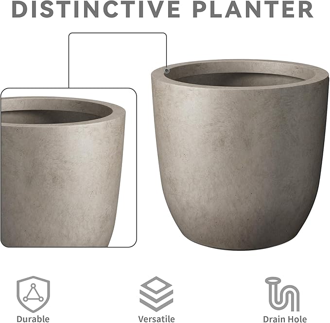 Kante 13.4" Dia Round Concrete Planter, Large Outdoor Modern Indoor Decorative Plant Pots with Drainage Hole and Rubber Plug for Home and Garden, Weathered Concrete Kante
