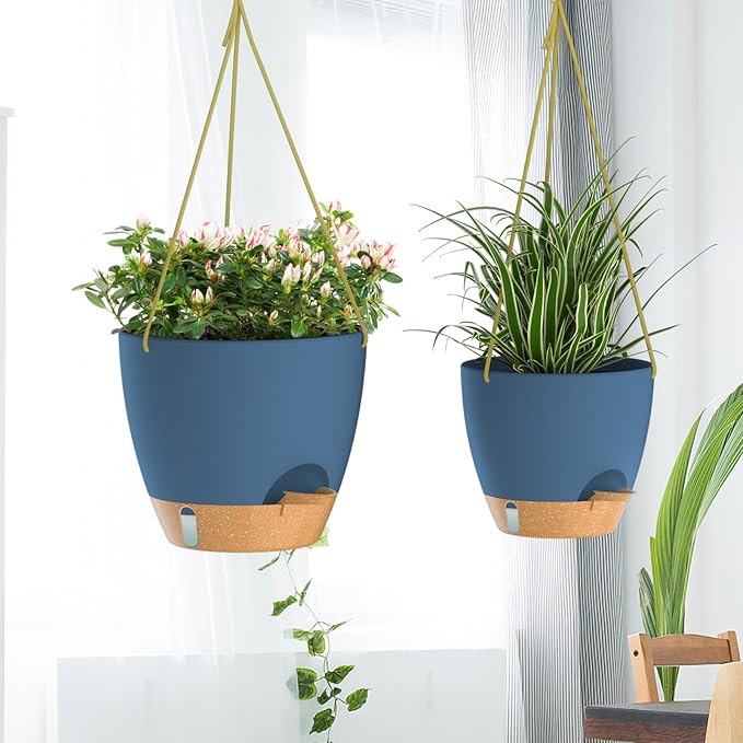 ZMTECH 10 Inch Hanging Planters for Indoor Plants & Outdoor - 2 Pack Self-Watering Hanging Pots with Drainage Holes, Visual Reservoir, Plastic Hanging Baskets Flower Pots with Removable Saucer, Blue HighQualityGardeningTools
