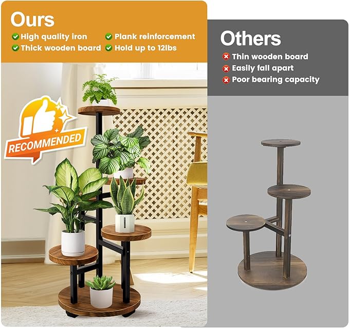 GEEBOBO 5 Tier Plant Stand With 4 Wheels, Metal Wood Tall Plant Stands For Indoor Plants Multiple, Corner Tiered Flower Plants Shelf Stand for Living Room Bedroom, Brown GEEBOBO