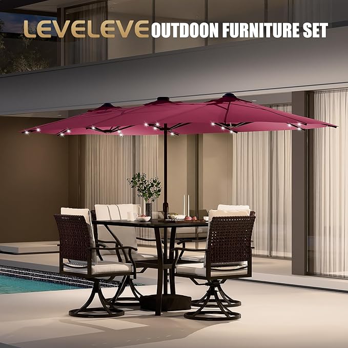 LEVELEVE 14FT Large Patio Umbrella with Base & Solar LED Lights - Double-Sided,Red Enjoyyourlife