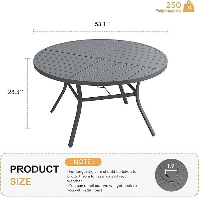 VICLLAX Round Patio Table with Adjustable Umbrella Hole for 8, All Weather Metal Outdoor Dining Table for Lawn Garden, 53.1" Outdoor Coffee Table, Grey Tabletop HOME