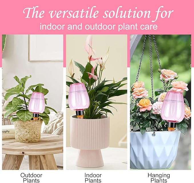 4 Pcs Plant Watering Globes Self Watering Planter Insert Plants Top Fill Water Device Plastic Water Bulbs Slow Release Terracotta for Plants, Pink Rootora
