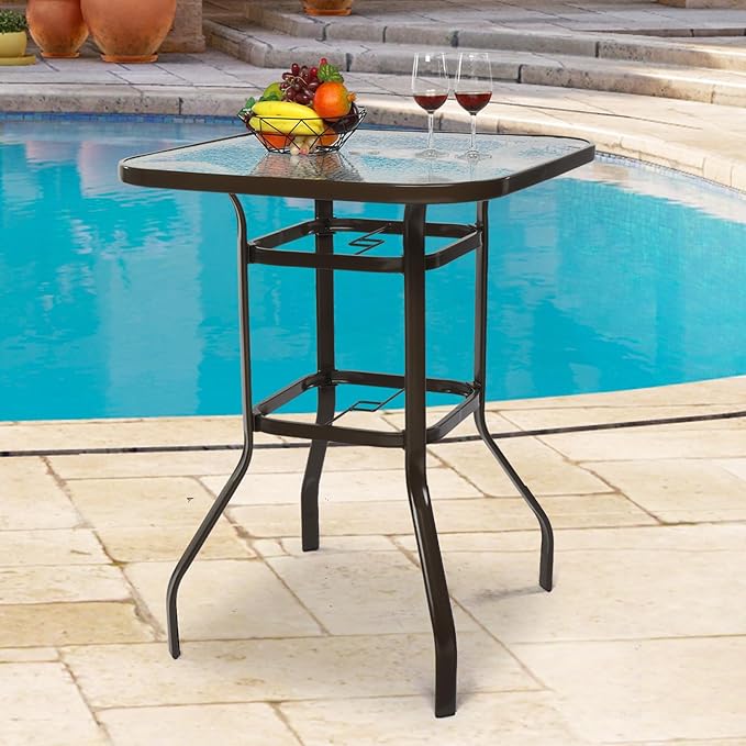 VINGLI Outdoor Bar Table with Umbrella Hole, Metal Patio Bar Height Pub Table for Patio High Top (Brown) VINGLI
