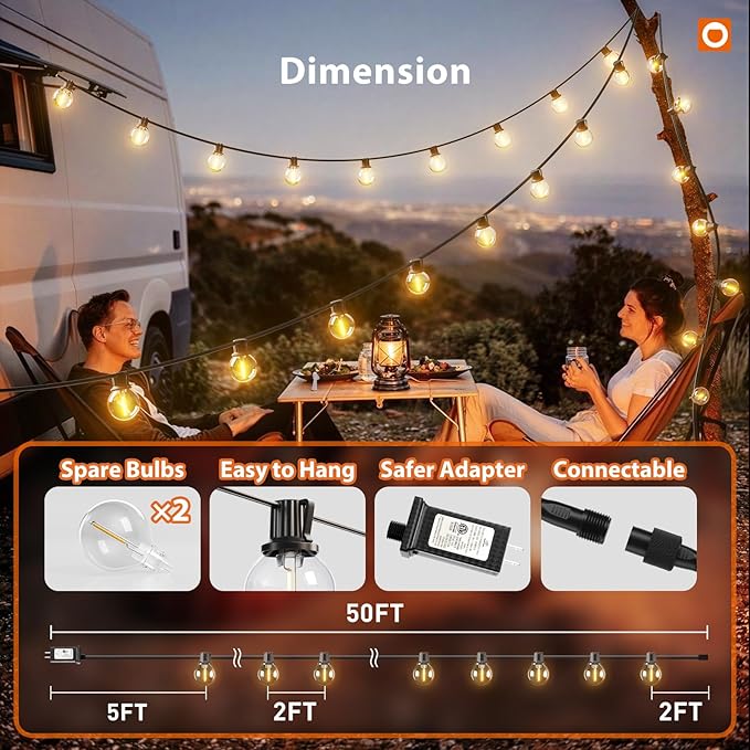 addlon Outdoor String Lights 50FT G40 with Remote, 27 LED Shatterproof Bulbs, Dimmable Patio Globe Lights Waterproof, Hanging Outside Lighting for Backyard, Garden, Deck, Balcony, Porch, Café, Decor addlon