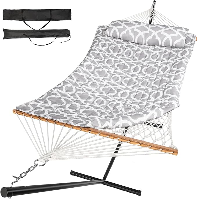 2 Person Outdoor Hammock with Stand, Cotton Rope Hammock with Polyester Pad, Adjustable Steel Frame, Portable with Carrying Bag – for Patio, Backyard, Garden, Beach, Cloud-Gray Rootora
