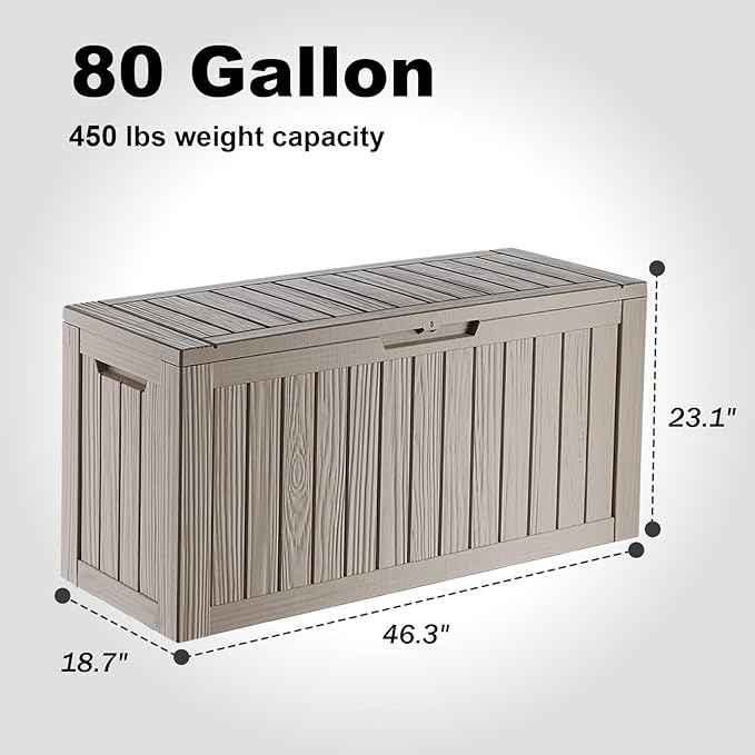 ROJIK Outdoor Storage Housing Deck Box - Waterproof Patio Furniture, Garden Tools, Cushions, Pool Accessories Storage Bench with Lockable Lid and Side Handles (Grey, 80 Gal)