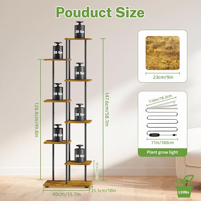 iDavosic.ly 7 Tier Tall Plant Stand Indoor with Light, Tiered Corner Metal Wood Multiple Flower Holder Shelf, 50 Inch Display Grow Rack for Living Room Bedroom, Modern Black & Rustic Brown iDavosicly