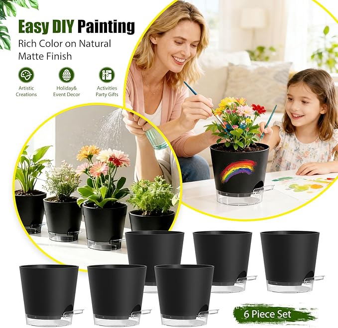 Plant Pots 5 Inch Self Watering Pots,6 Pack Plastic Planters with Drainage Holes and Clear Saucers,Plastic Flower Pots,Nursery Planting Pot for Indoor Out Door Plants (Black) SQKH