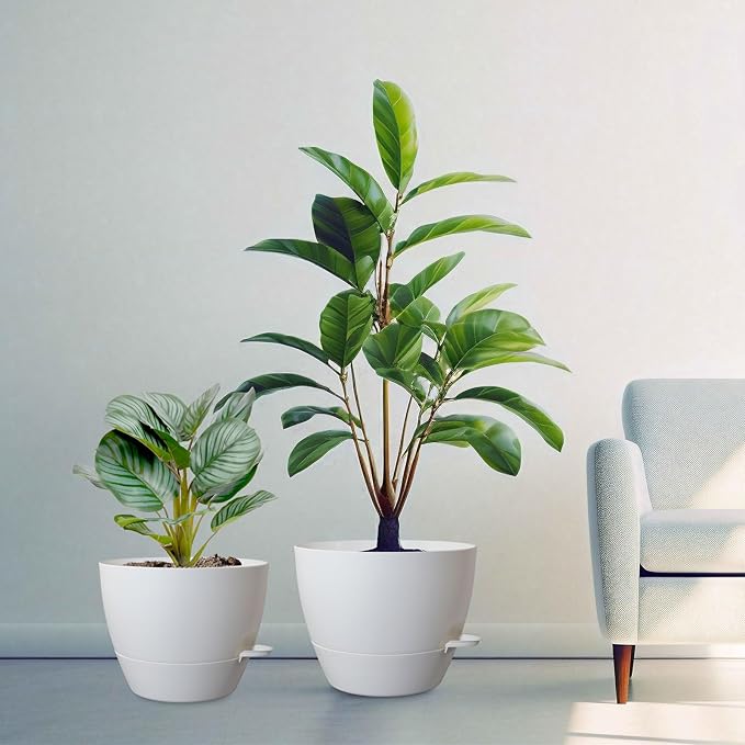 12/10/9 inch Large Self Watering Pots, Plant Pots with Mesh Drainage Holes for Indoor Outdoor Garden Plants, Flower Pots with Removable Deep Reservoir, Set of 3 Plastic Planters, White WSMKSZ
