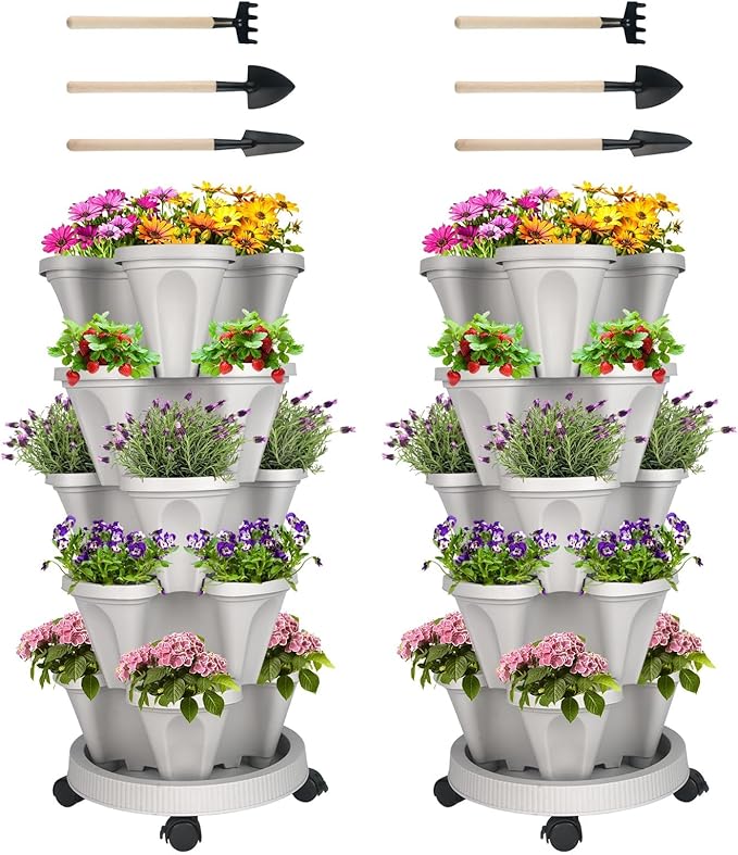 GameXcel Vertical Planter 7 Tier Stackable Planters Garden Planters Strawberry Herb Flower and Vegetable Planter Indoor Outdoor Gardening Pots with Removable Wheels and Tools 2-Pack GameXcel