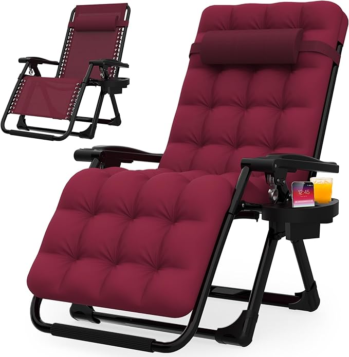 Suteck Zero Gravity Chair, Reclining Camping Lounge Chair w/Removable Cushion, Upgraded Lock and Cup Holder, Reclining Patio Chairs Folding Recliner for Indoor and Outdoor, Claret Suteck