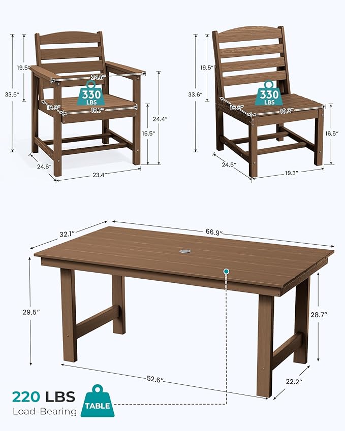 SERWALL Patio Dining Sets for 10 Person, HDPE Dining Set with 2 Tables, 8 Armless Chairs and 2 Armed Dining Chairs, Brown SERWALL