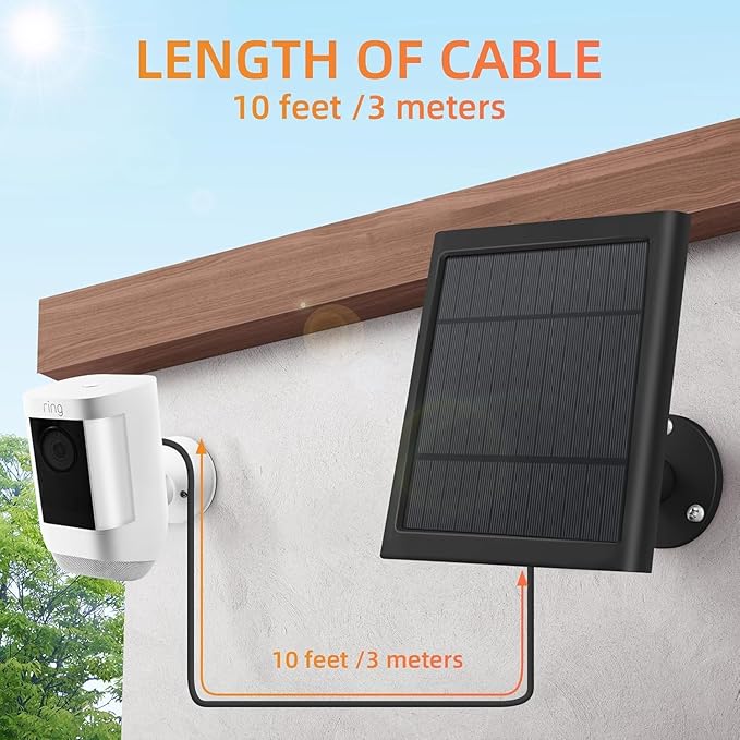 1 Pack 4W Solar Charger for Ring Spotlight & Stick Up Outdoor Cam, Black, High Efficiency, 10FT/3M Long Cable with USB-C to Ring Barrel Plug Paodekua
