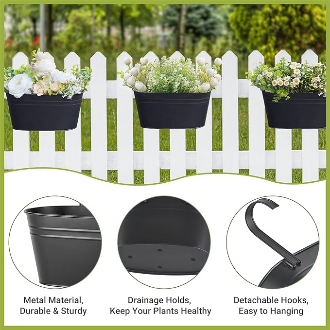 Dahey 10.5 Inch Metal Iron Hanging Flower Pots for Railing Fence Hanging Bucket Pots Countryside Style Window Flower Plant Holder with Detachable Hooks Home Decor,Black,3 Pcs Dahey