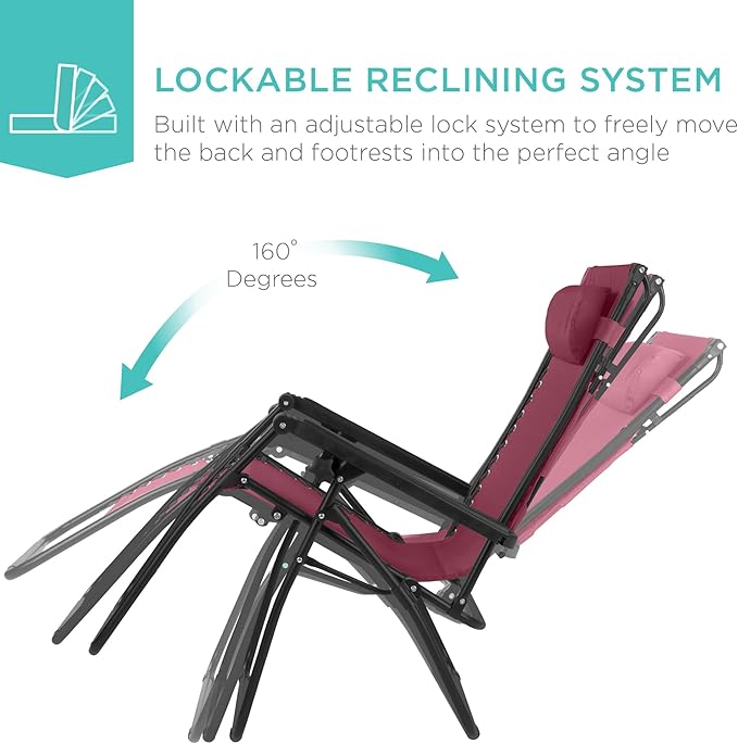 Best Choice Products 30” Wide Folding Zero Gravity Outdoor Recliner Patio Lounge Chair w/Adjustable Canopy Shade, Headrest, Side Accessory Tray - Burgundy BestChoiceProducts