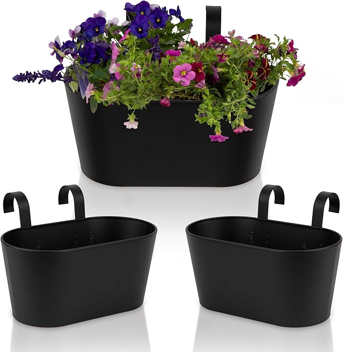 KIBAGA Beautiful Hanging Flower Pots for Outside Railing Or Fence - Stylish Set of 3 Outdoor Planters for Any Balcony, Porch or Deck - Window Planter Boxes are Perfect for Your Flowers KIBAGA