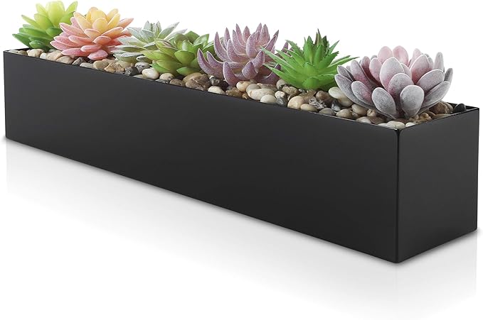 DR&Co Modern Black Trough Rectangular Planter, 16“ Metal Window Planter Box for Succulent, Small Rectangle Box for Desk or Windowsill, Stainless Steel, Great Gift Ideas for Women Men DRCo