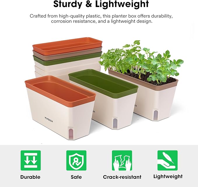 VIVOSUN Self-Watering Planters, 6-Pack 10.5 Inch Compact Rectangular Window Herb Planter Box with 10 PCS Plant Labels, Plant Container for Basil, Flowers, Succulents, Indoor & Outdoor VIVOSUN