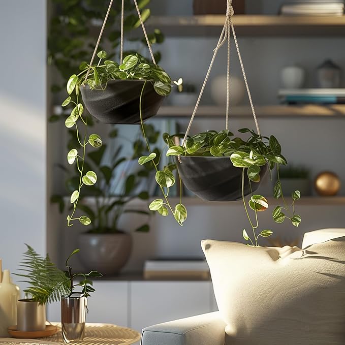 La Jolie Maison 10 Inch Hanging Planters for Indoor Plants, Outdoor Garden Planter Pots with Self-Watering Tray, Jet Black, Spiral Pattern, Set of 2 LaJolieMaison