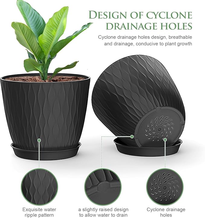 6 inch Plant Pots, 5 Pack Flower Pots with Drainage Holes and Saucers for Indoor Plants, Plastic Planters with Water Ripple for Small Garden House Plants, Nursery Pots for Succulent, Black WSMKSZ
