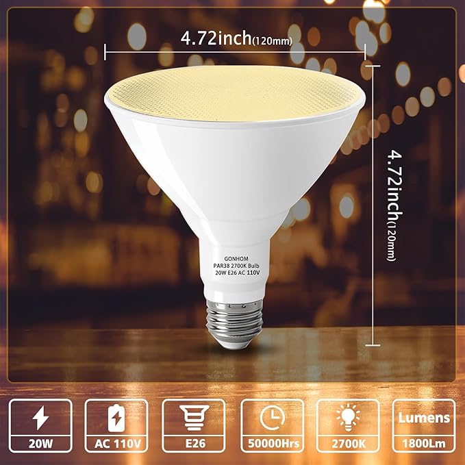 Par38 led Flood Lights Outdoor Light Bulb,Dimmable 1800LM,20W Replace up to 200W,Outdoor Flood Light Bulbs for Backyard,Garage,Porch,Garden,6 Pack 2700K Warm Light Gonhom