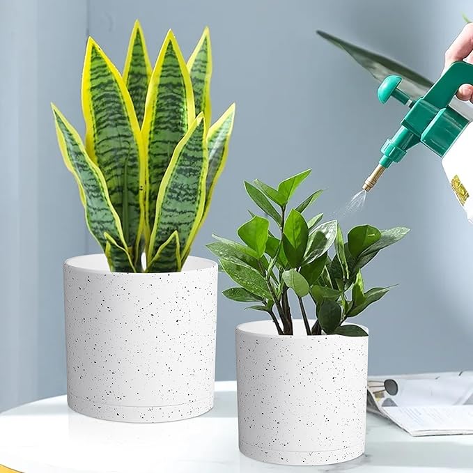 8/7/6 inch Flower Pots, 3 Set Cylindrical Plant Pots for Outdoor Indoor Plants, Decorative Plastic Planters with Drainage Holes and Saucers for Garden House Plants, White with Black Speckles Meowell
