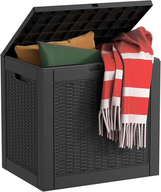EasyUp 34 Gallon Resin Deck Box Waterproof, UV Resistant Outdoor Storage Box for Delivery, Garden, Patio,and Porch, Rattan Black EASYUP