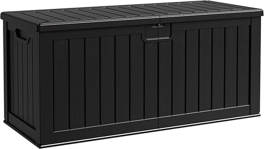 Flamaker Resin Deck Box 250 Gallon, Waterproof Imitation-Wood Lockable Storage Box with Separator Plate Outdoor Indoor, Garden, Patio Furniture for Tools&Pool Accessories (Black) Flamaker