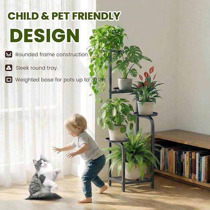 TOSKING 5 Tier Tall Plant Stand Indoor Outdoor, Heavy Duty Corner Shelf for Plants & Decor, Space Saving 3.9FT Metal Flower Pot Stand for Balcony, Garden, Living Room, Patio (Black, 47in) TOSKINGESSENCE