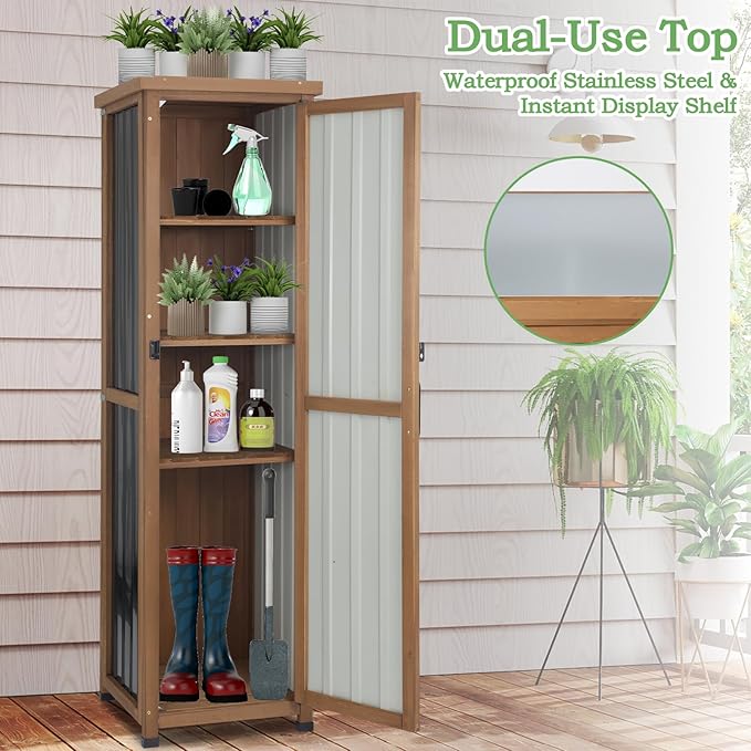 62" H Outdoor Corner Storage Cabinet with Lockable Doors, Outdoor Indoor Small Storage Cabinet with Metal Top, 3 Adjustable Shelves for Patio, Porch, Entryway or Small Spaces PETSCOSSET