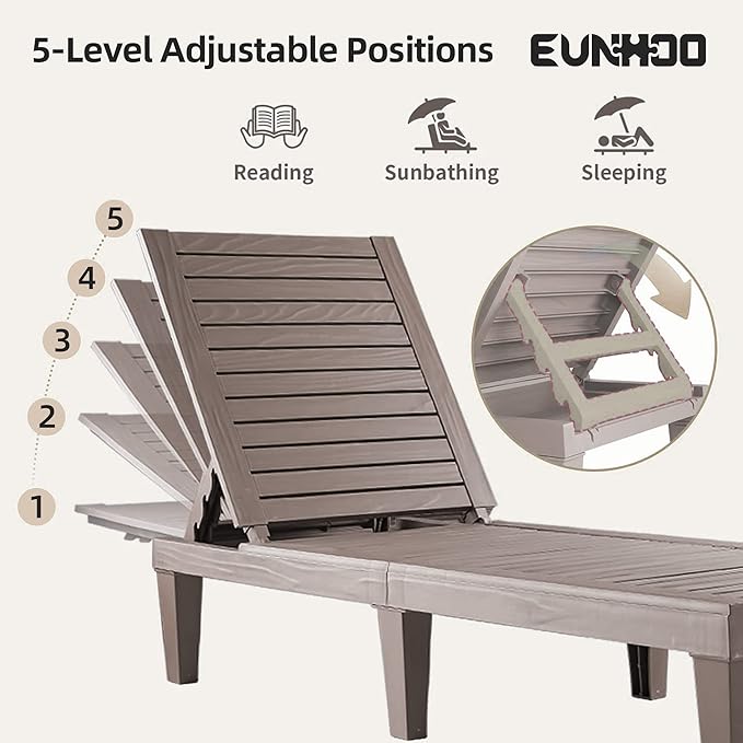Outdoor Chaise Lounge Set of 2, Adjustable Pool Lounge Chair with 5 Positions Backrest, Waterproof Sun Loungers for Garden Pool Beach Patio Deck Sunbathing EUNHOO