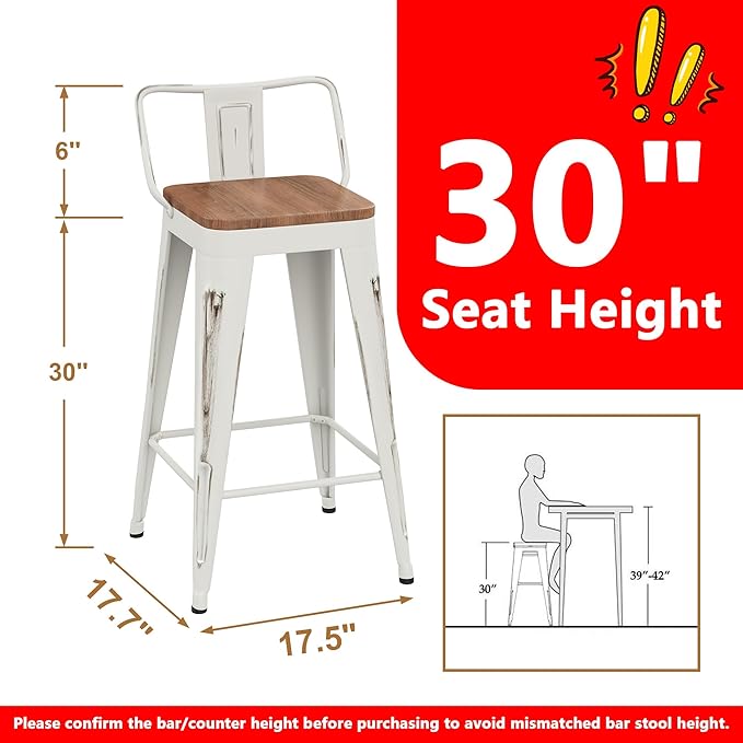 WENTMENT Bar Stools Set of 4 Counter Height Bar Stools Metal Barstools with Removable Back 30" Kitchen Bar Stools with Wooden Seat, Distressed White WENTMENT