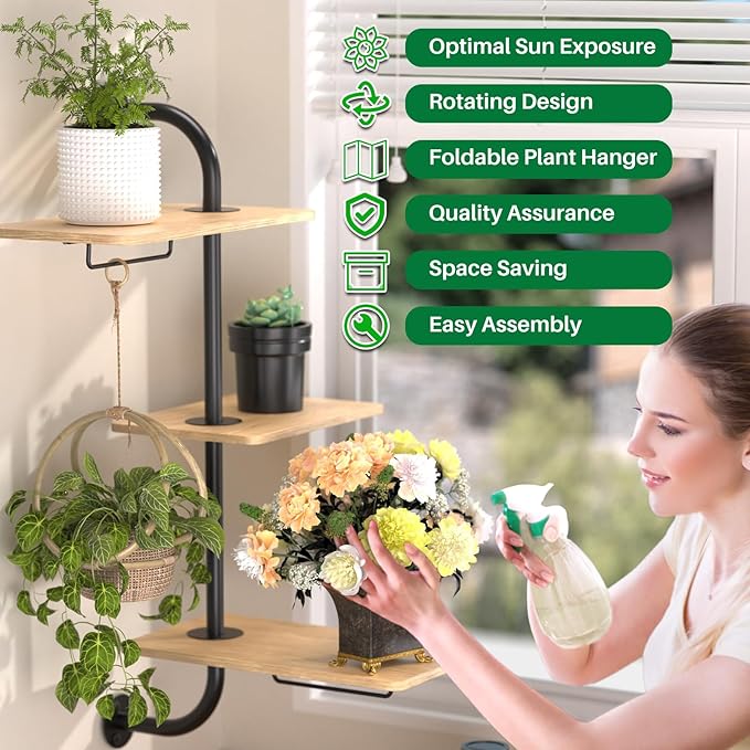 YUOROS Window Plant Shelves, 3-Tier Rotating Plant Shelf Stand, Indoor Metal Wall Plant Holder YUOROS