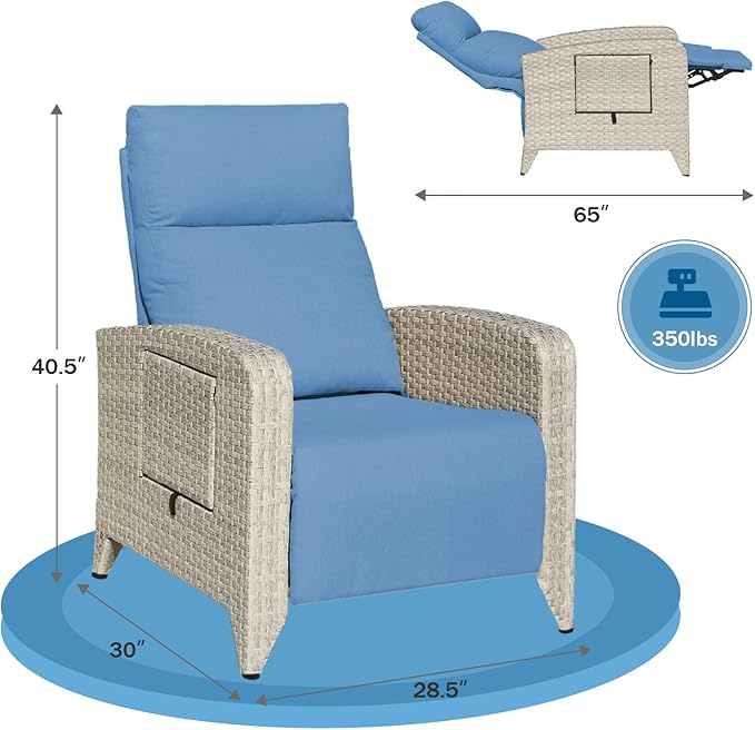 Outdoor Recliner Chairs Set of 2, Reclining Patio Chairs with Adjustable Back up to 150°Lay Flat and Extended Footrest, Wicker Recliner Chairs with Flip Table and Removable Olefin Cushion zzw