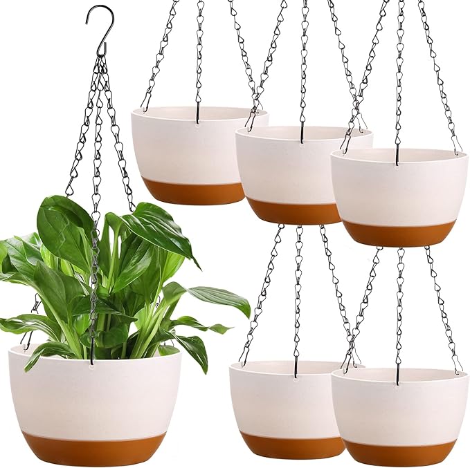 Mumufy 6 Pcs 8 Inch Hanging Planter for Indoor and Outdoor Plants Plastic Hanging Flower Pots with Drainage Hole and Removable Saucer Hanging Plant Holder Plant Hanging Basket (White) Mumufy