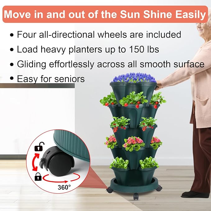 DUNCHATY Stackable Vertical Garden Planter with Wheels, 5 Tier Herb Planter Pots for Growing Vegetables and Succulents, Pine Green DUNCHATY