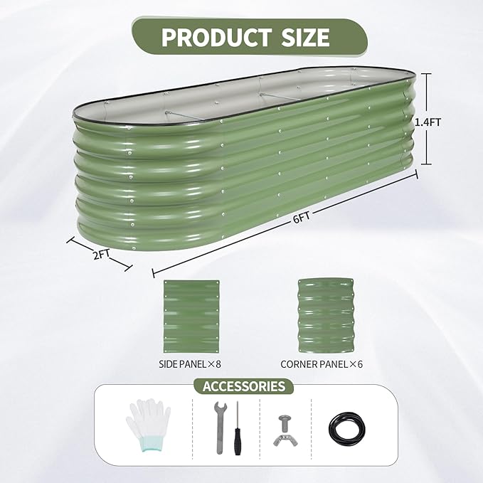 Galvanized Raised Garden Bed - 8x2x1.4FT Metal Planter Boxes Outdoor | Oval Steel Raised Bed Kit for Gardening with Protective Tape, Bracing Rods, Gloves for Vegetables, Flower, Herb (Green) Permade