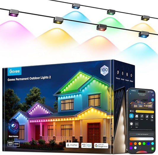Govee Permanent Outdoor Lights 2, 150ft RGBIC Outdoor Lights with 108 LED Lights, IP67 Waterproof, 100 Scene Modes with 40lm White for Outdoor Decorations, Works with Alexa, Google Assistant, Black Govee