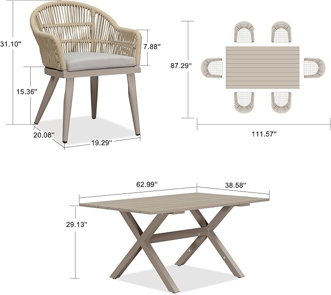 PURPLE LEAF 7 Pieces Patio Dining Set with Outdoor Aluminium Dining Table and Woven Rattan Chairs Modern Metal Furniture Cushions Sets for Garden Yard Indoor Decor Kitchen Champagne PURPLELEAF