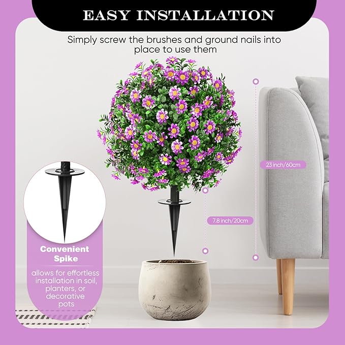 Artificial Topiary Bushes for Outdoors with Spike, Boxwood Ball Fake Shrubs UV Resistant Faux Plants for Indoor Outdoor Fall Thanksgiving Halloween Decor (Sunflower Boxwood Purple -2 Packs) FAJUNZH