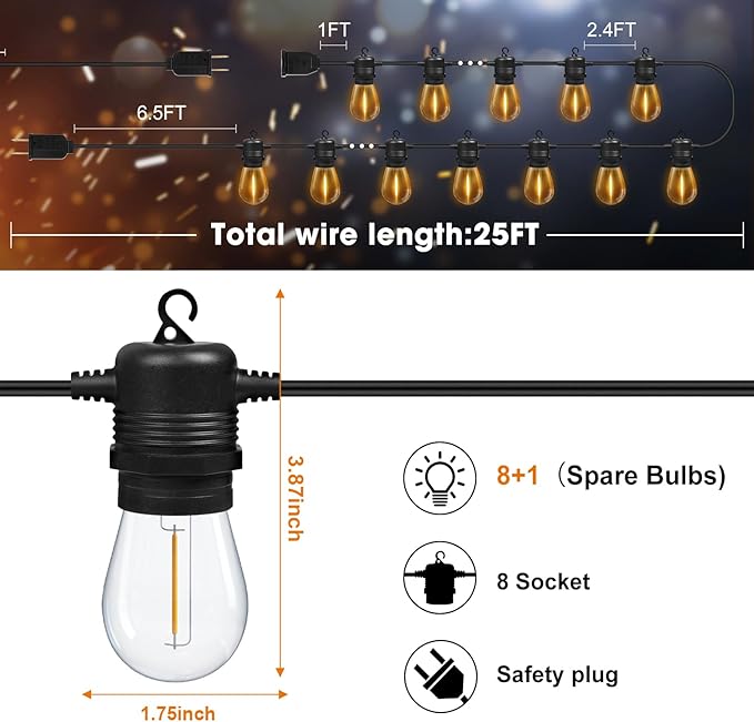 LED Outdoor String Lights 25FT with 9 Shatterproof S14 Bulbs, Waterproof for Porch, Deck, Garden, Balcony, Dimmable 2700K GvvooHome