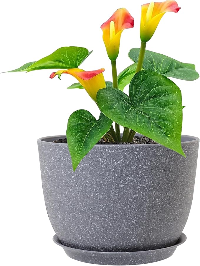 Plant Pots 12 inch, Plastic Planters with Drainage Holes and Saucers, Large Flower Pots for Indoor Outdoor Plants, Modern Decorative Pots for Garden House Plants, Speckled Grey Meowell