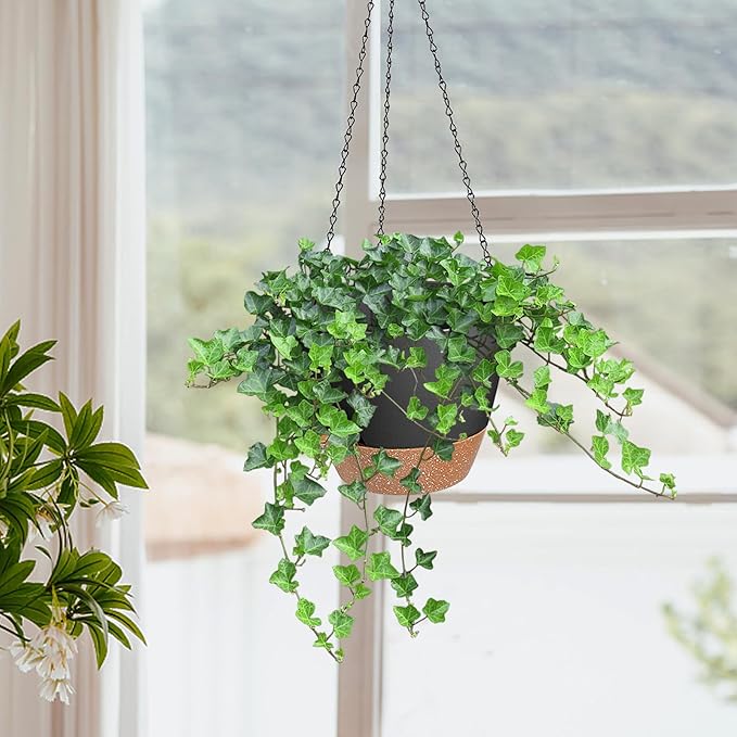 10/9/8 Inch Hanging Planter for Indoor Outdoor Plants, 3 Pack Self-Watering Hanging Pot with Drainage Holes Hanging Planter Baskets Plant Pots with Removable Tray (Black+Brown) Lucieblessdesign