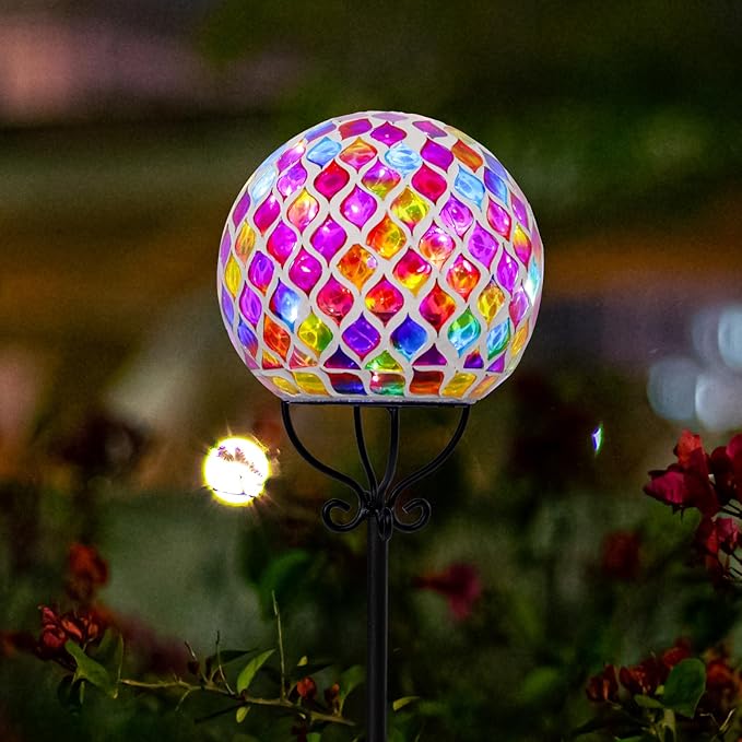 VCUTEKA Solar Outdoor Lights Garden Decor Mosaic Solar Garden Lights Waterproof Glass Ball LED Pathway Stake Light for Landscape Lawn Patio Yard Decoration 6 inch, Red VCUTEKA