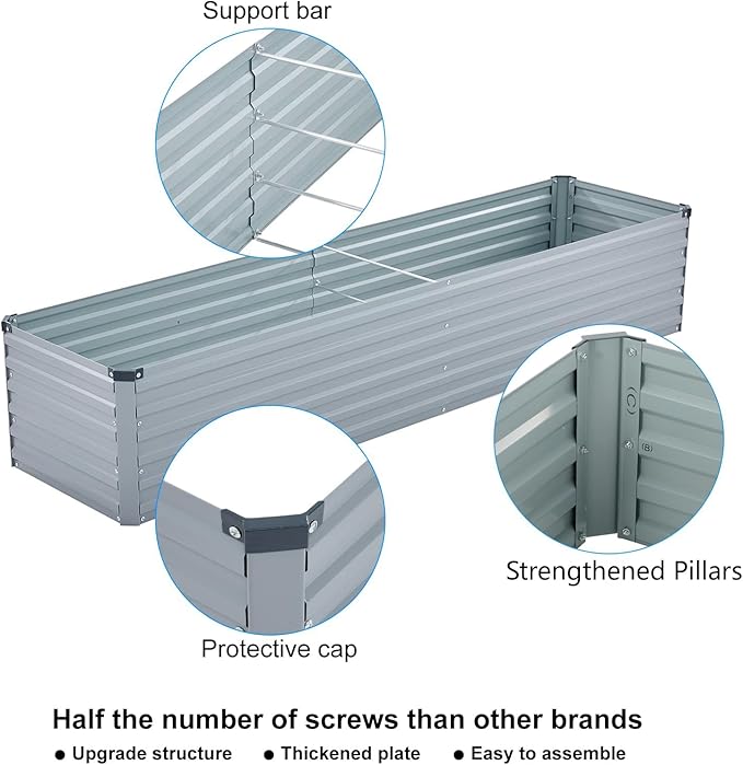 2 Pack 6x1.5x1FT Galvanized Raised Garden Bed Kit, Outdoor Metal Planter Box for Vegetables, Bottomless Rectangular Gardening Bed with Support Rods, Tool-Free Assembly, Gray Meberam
