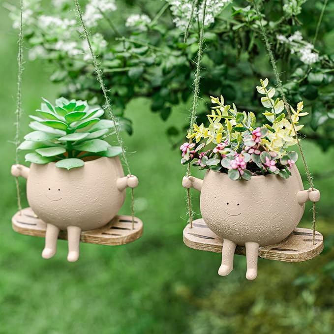 Domensi 2 Pcs Swing Hanging Planter Cute Smile Flower Face Pot Indoor Outdoor Pots for Succulent String of Pearls Plants Plant Ideal Gifts for Christmas Birthday(Swing Spherical,Medium) Domensi
