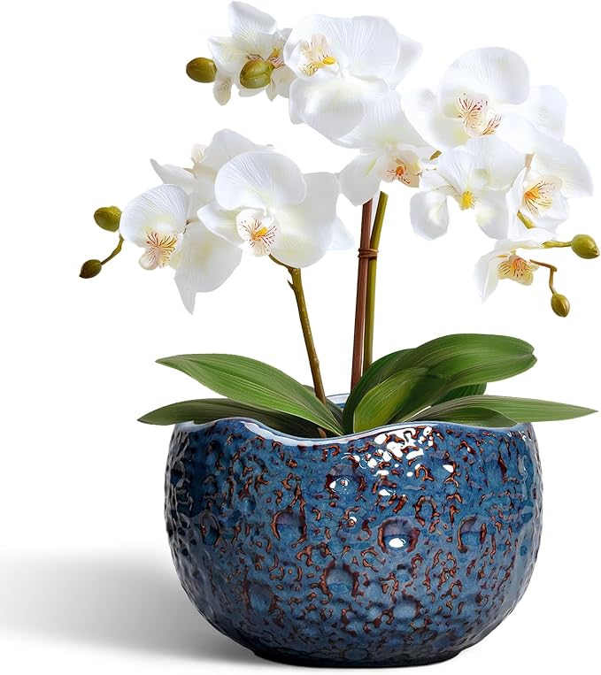 6 Inch Plant Pot - Ceramic Pots for Plants with Drainage Hole, Round Orchid Pot, Unique Planter for Indoor Outdoor, Modern Decorative Flower Pots, Room Decor, Plant Lovers Gifts, Retro Blue Thirtypot