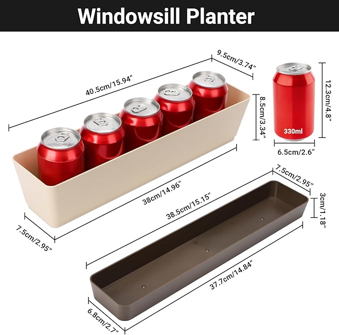 GREANER Window Boxes, 1 Pack 16 x3.8 Inch Indoor Rectangle Planter, Herb Succulent Cactus Window Box with Saucer, Modern Plastic Plant Pot for Windowsill, Garden Balcony, Home Office Outdoor Decor GREANER