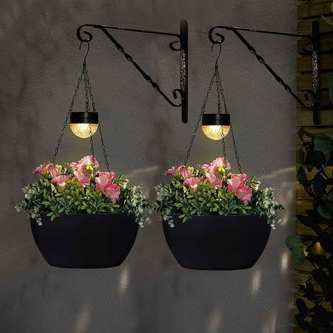 BAYN 2 Packs Solar Hanging Basket Planters for Plants Outdoor, Self Watering Black Flower Plants Pots with Solar Light Drainer for Balcony Patio Garden Outdoor Decoration BAYN