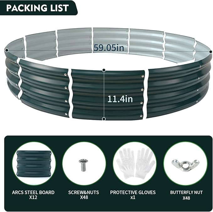 Galvanized Raised Garden Bed for Gardening - 5x5x1ft Large Thickened Metal Planter Box Outdoor for Vegetables, Flowers,Herbs,Above Ground Garden Containers Round,Green Rootora